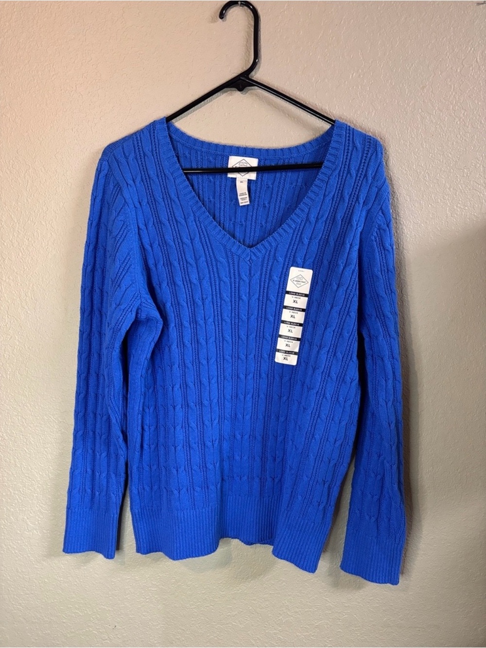 New St John’s Bay Sweater Bright Blue Cable Knit V-Neck Preppy Casual Women’s XL